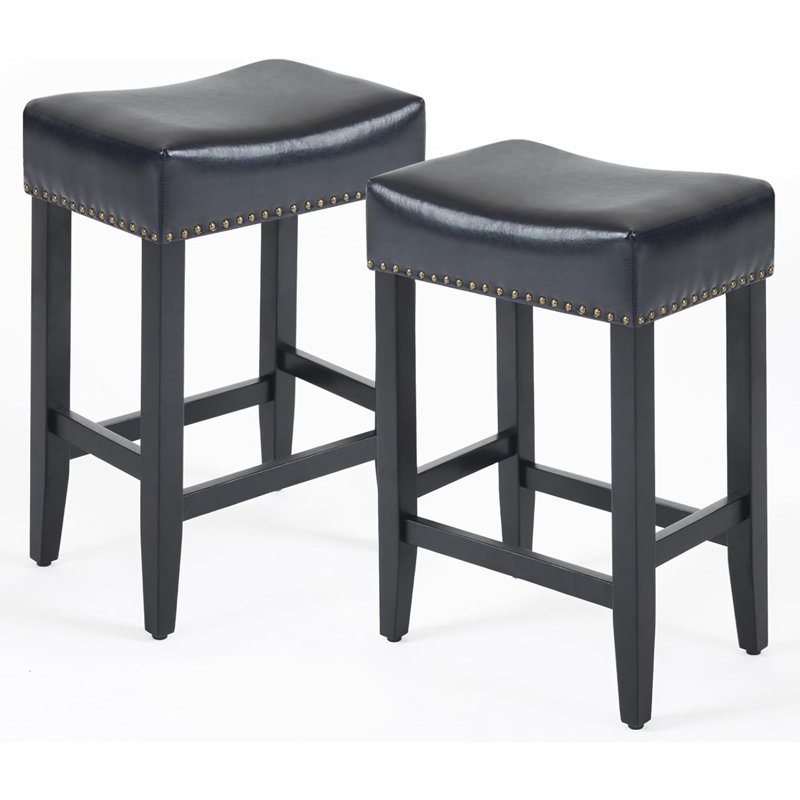 Backless Saddle Upholstered 26" Counter Stool with Wood Frame, Gray, Black PU Leather