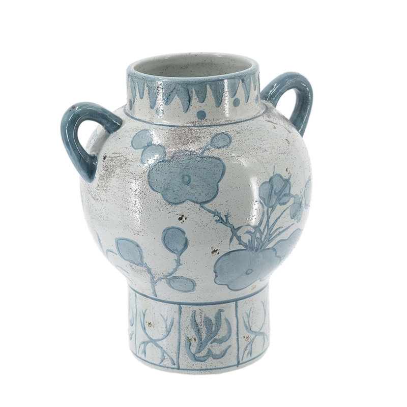 Vase en céramique 8,7 x 7,2 x 9,4 po avec motif floral abstrait et poignées