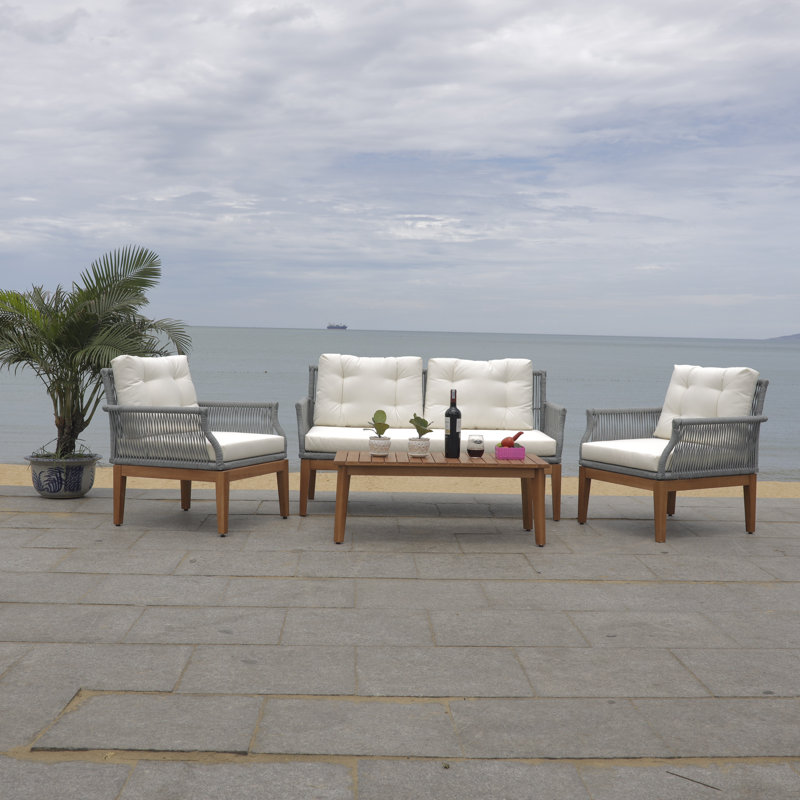 Artin Acacia Solid Wood 4 - Person Patio Conversation Set with Cushions, Gray, Beige