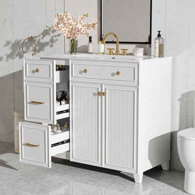 36" Modern Bathroom Vanity with Ceramic Sink – Standard Drawer & Double-Layer Drawer, 2 Soft-Close Doors with Adjustable Shelves, Freestanding Storage Cabinet for Small to Medium Bathrooms