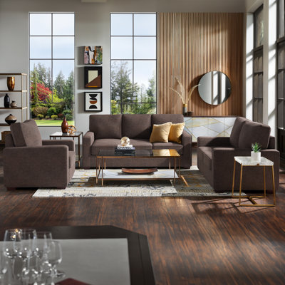 Beaulah Modern Fabric Upholstered Square Arm Sofa Set - Living Room Chair, Loveseat And Sofa