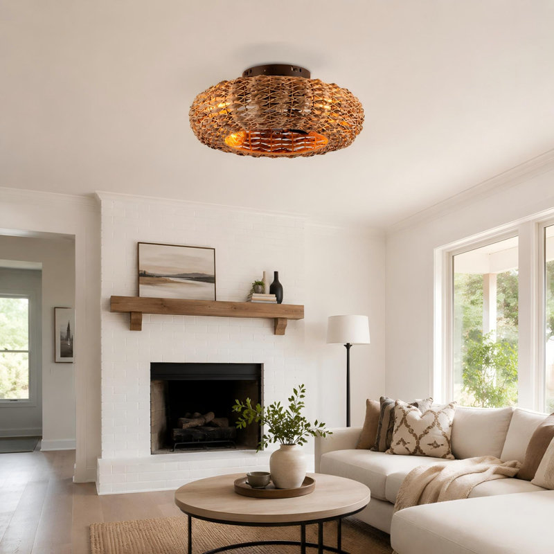 20" Rattan-Inspired Flush Mount Ceiling Fan with Remote Control for Boho and Coastal Interiors