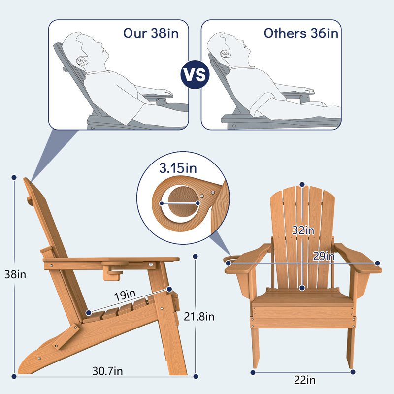 Chaise Adirondack pliante, texture bois, porte-gobelet, PEHD toutes saisons pour piscine / pelouse, teck, Teck