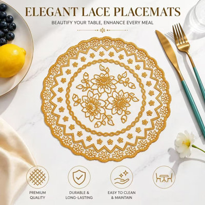 7.87 inch Round Golden Hot Stamping Lotus Placemat, Floral Embossed Heat Resistant Table Coaster Mats