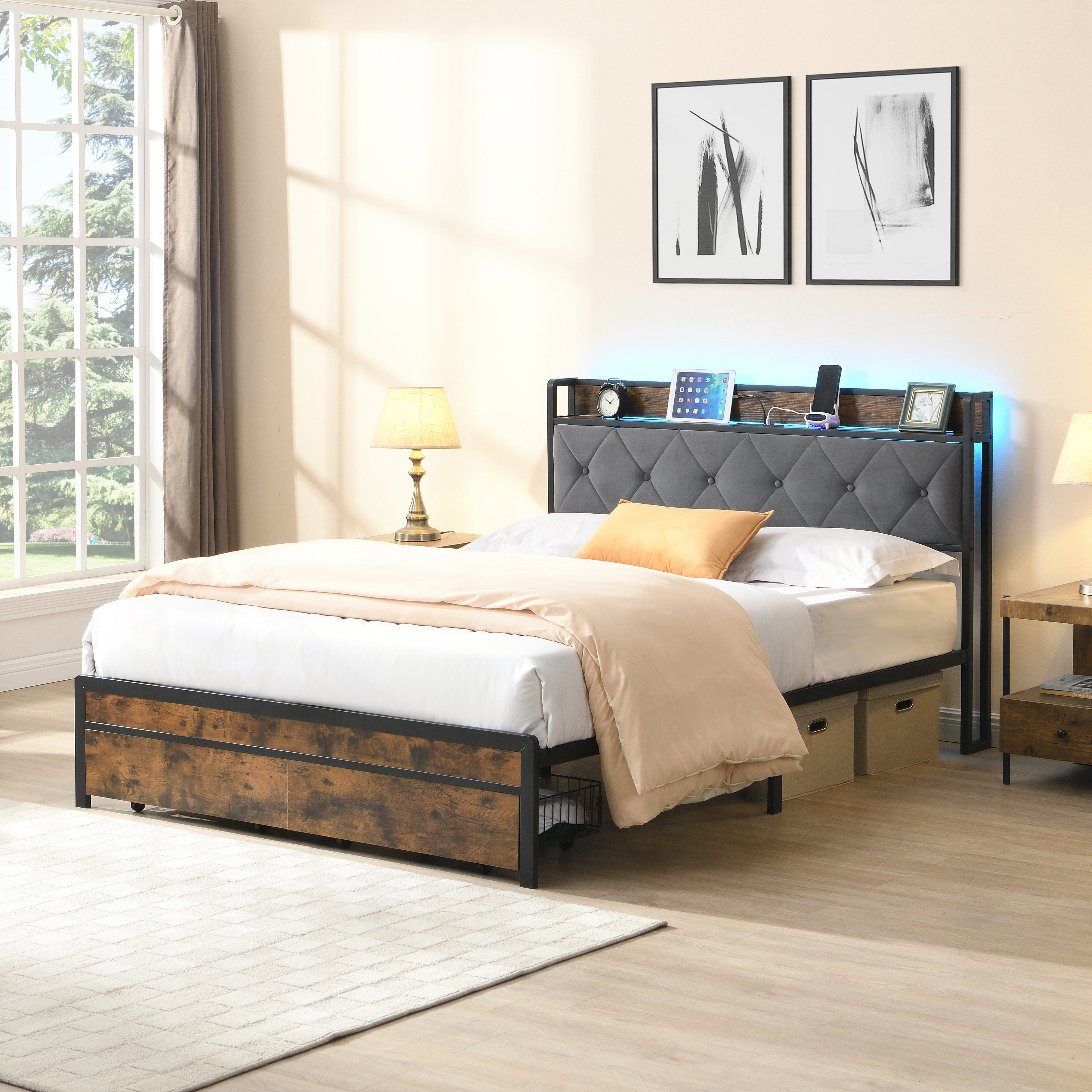 17 Stories Full Bed Frame with Storage and LED Lights, Enhancing ...