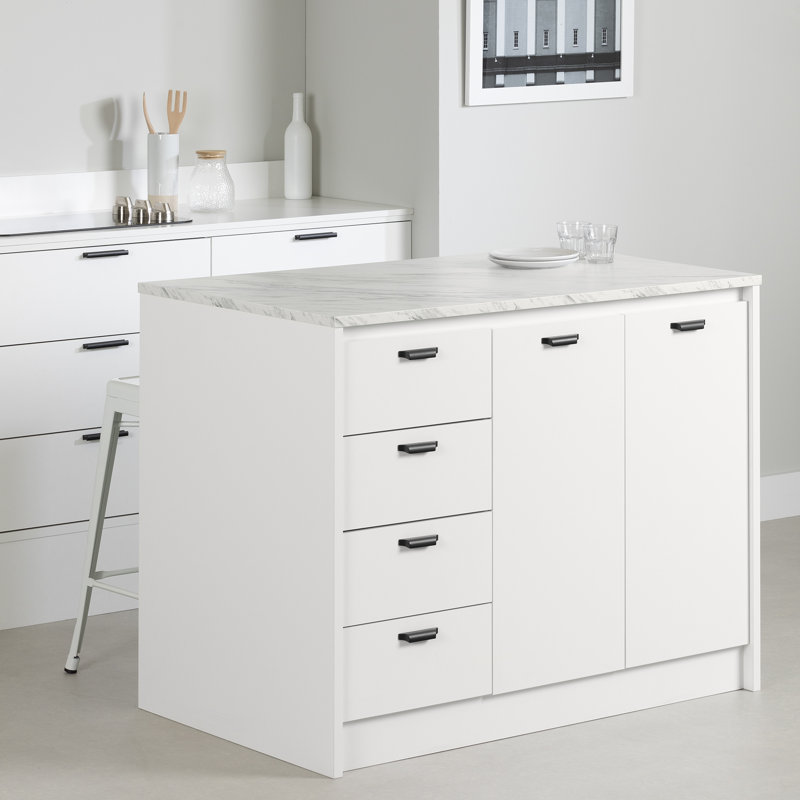 Myro Kitchen Island with Storage, Faux White Marble