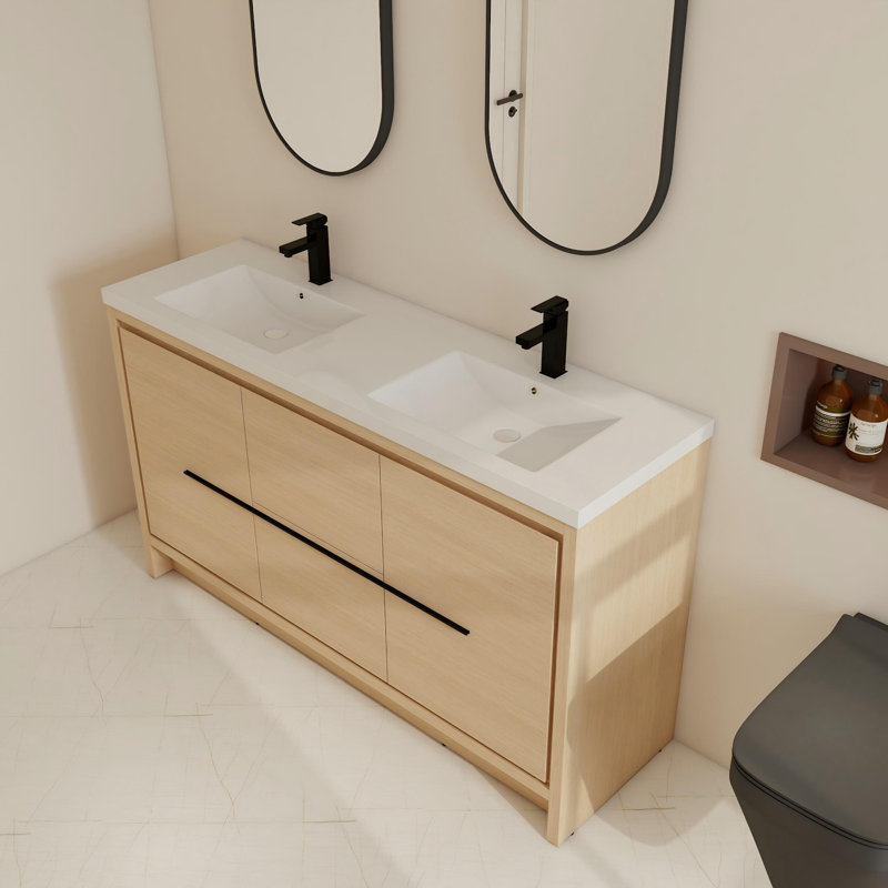 Meuble-lavabo autoportant 60 po avec 2 lavabos en résine, meuble-lavabo autoportant avec 2 portes, 2 tablettes et 2 tiroirs
