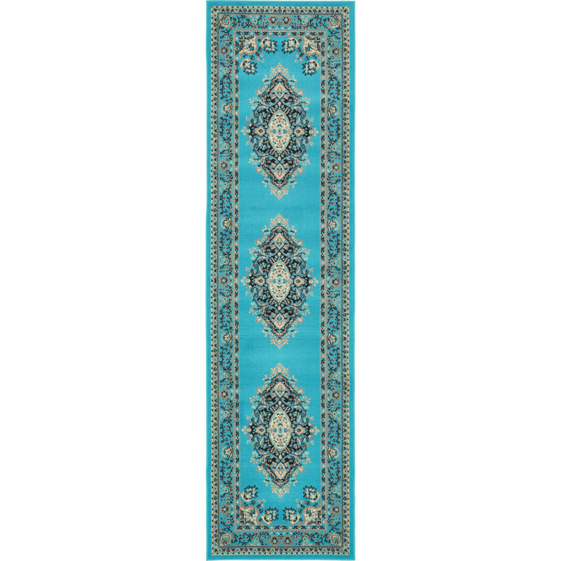 Tapis oriental noir Balthrop, Turquoise, Tapis de couloir 2 pi 7 po x 10 pi