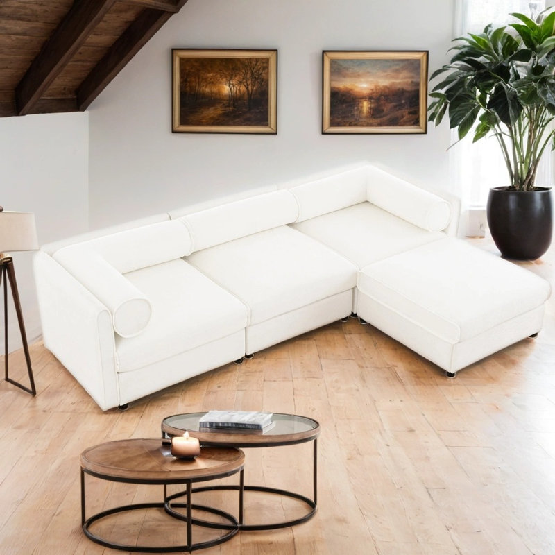 Canapé 3 places en chenille avec repose-pieds, support ergonomique et rangement intégré, Blanc