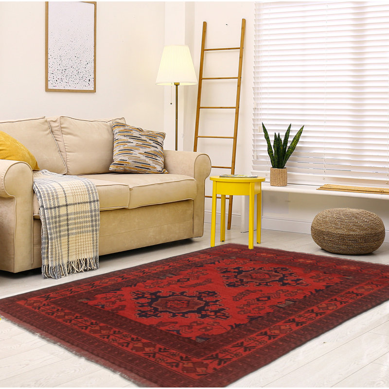 Tapis rouge foncé en laine noué à la main de conception unique 3 pi 3 po x 4 pi 10 po New Forestal