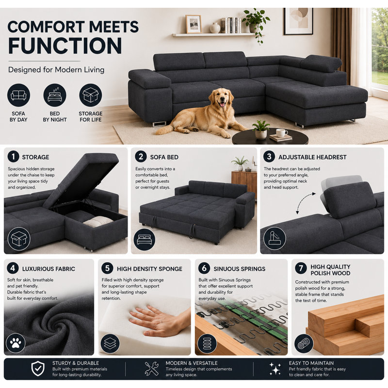 Flavius Corner Sofa Bed, Left Hand Facing, Charcoal