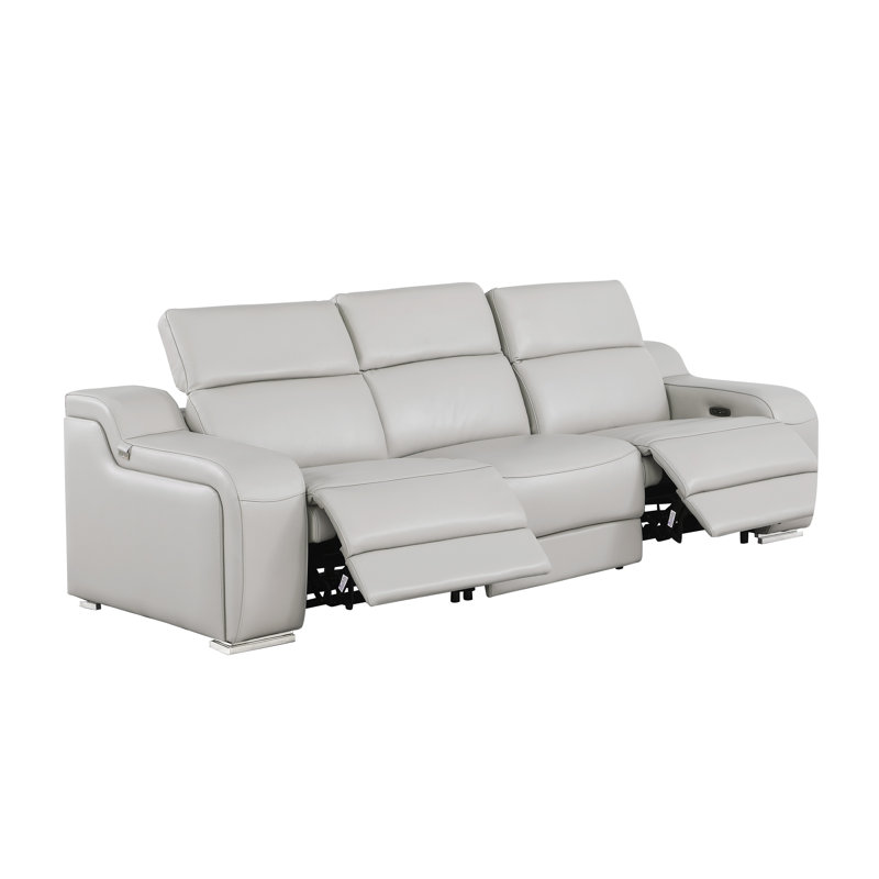 Top Grain Italian Leather Power Reclining Sofa With Dual Recliners And Power Headrests, Light Gray