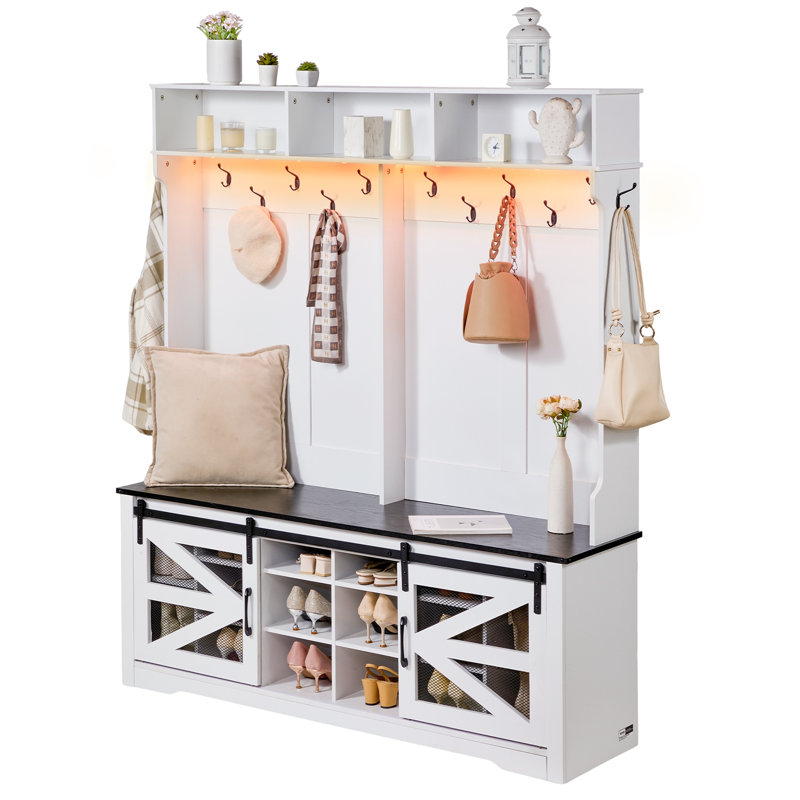 Banc d'entrée pour vestibule avec porte-manteau à DEL, rangement pour chaussures et tablettes réglables, parfait pour un vestibule organisé et un vestibule