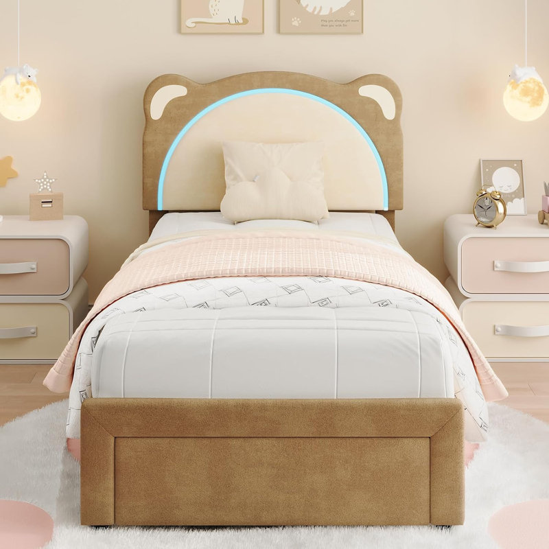 Lit plateforme simple TG avec tête de lit ajustable et lumières DEL, conception tapissée d'ours, brun, Brun