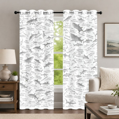 2Pcs Shark Pattern Curtains, Animal Style Curtain, Marine Life Theme Printed Art Grommet Drapes, Window Treatment for Bedroom Living Room Decor