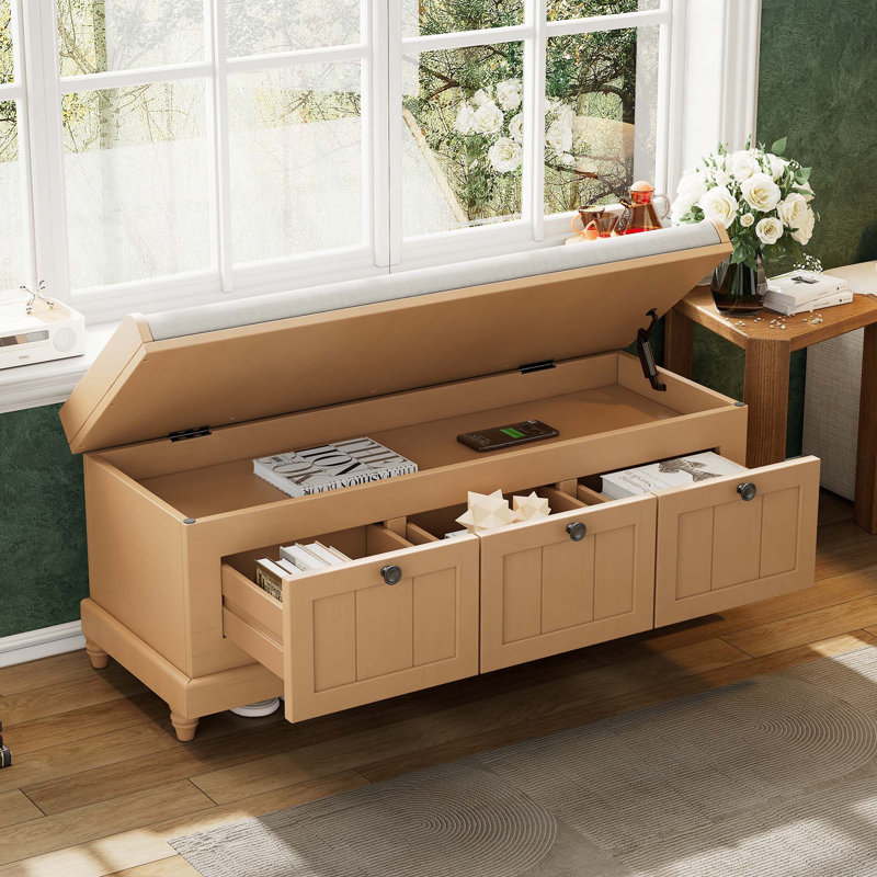 Banc de rangement cannelé classique avec coussin et 3 tiroirs pour les couloirs d'entrée du salon, Naturel