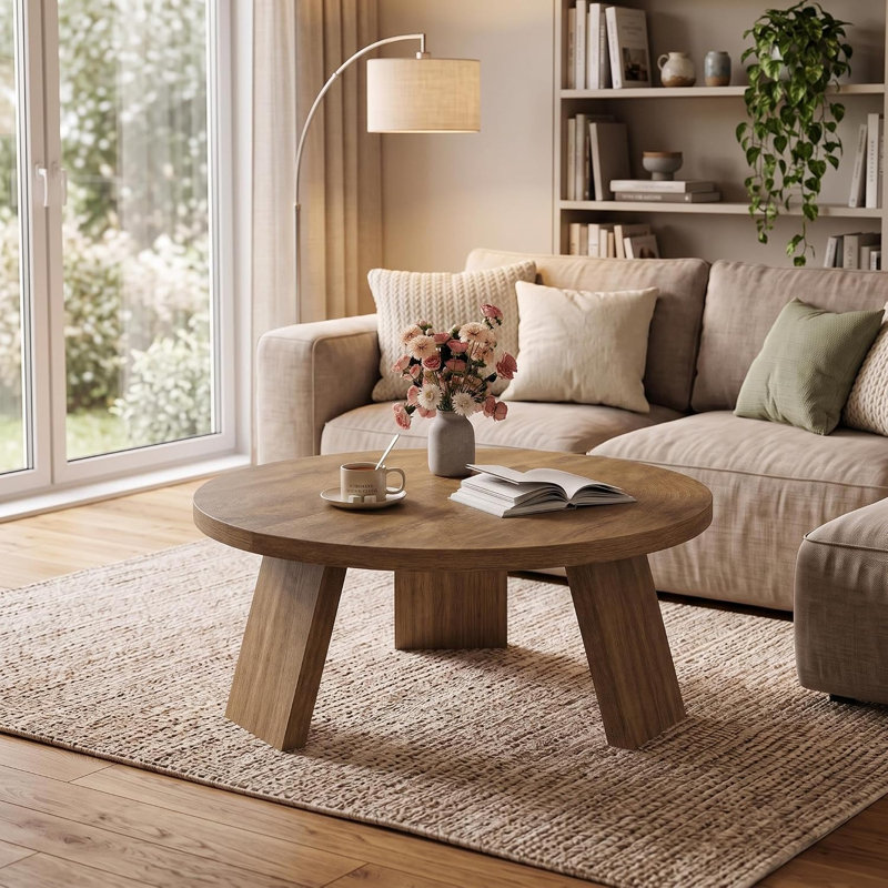 Table basse ronde, table basse moderne en bois pour le salon, table de salon moderne en bois, table centrale, table d'appoint avec pieds inclinés, assemblage facile, nettoyage facile