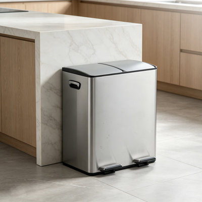 Dual Compartment Stainless Steel Kitchen Trash Can 40L (2 x 20L) – Soft-Close Lid, Collapsible Non-Slip Foot Pedal, Removable Inner Buckets, Odor Control, Large Capacity Recycling Bin for Home, Office
