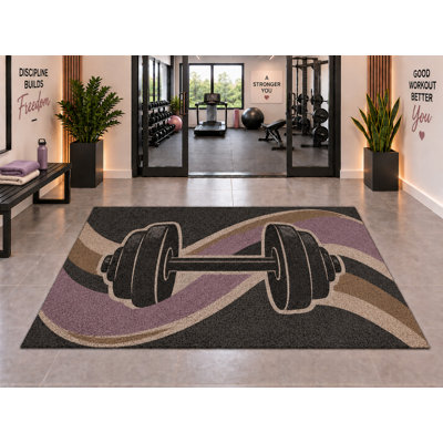 Tapis d'extérieur 5' x 7' à rayures ondulées en forme d'haltère, couleur lavande, taupe, crème et anthracite, motif salle de sport, moquette bouclée en PVC imperméable et épaisse, séchage rapide, tapis d'intérieur/extérieur pour salle de sport, porche, terrasse, entrée.