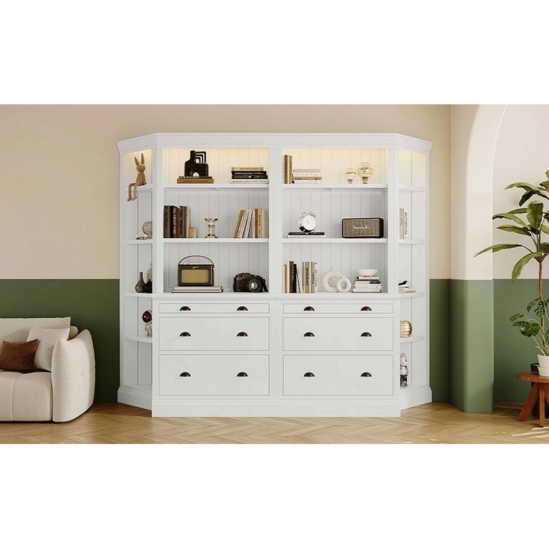 83.4"Tall Two Bookshelf With Two Corner Shelf Suite,Bookcases With 3 Drawer And Open Shelves,5-Tier Corner Shelf,Free Standing Shelves Suite With LED Lighting For Living Room,Office,