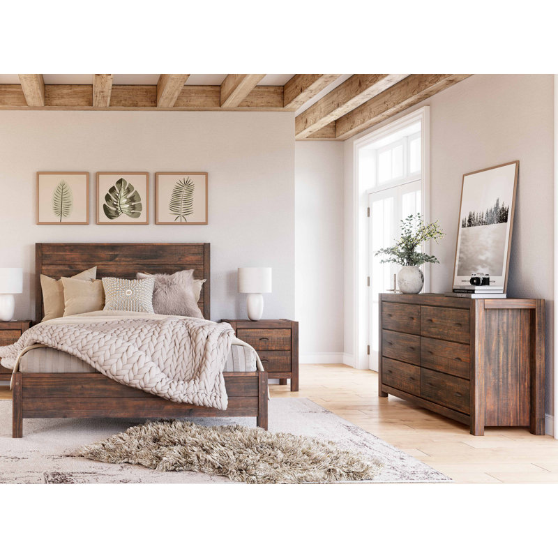 Ensemble de chambre avec grand lit plateforme en bois massif Loft, Queen, Pin délavé