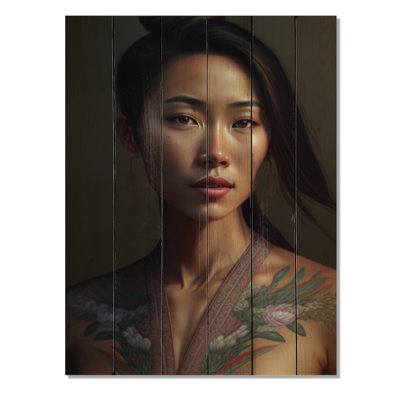 Beautiful Asian Woman With Flower Tattoo - Asian Woman Print on Natural Pine Wood
