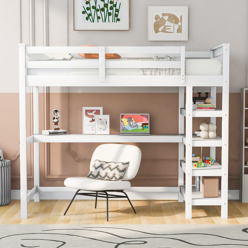Twin Loft Bed With Desk & Shelves, Twin, White