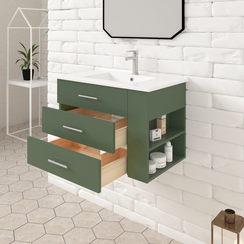 Ensemble de meuble-lavabo mural simple 30 po Aurilla avec comptoir en céramique blanc vert forêt et tablette droite Aurilla