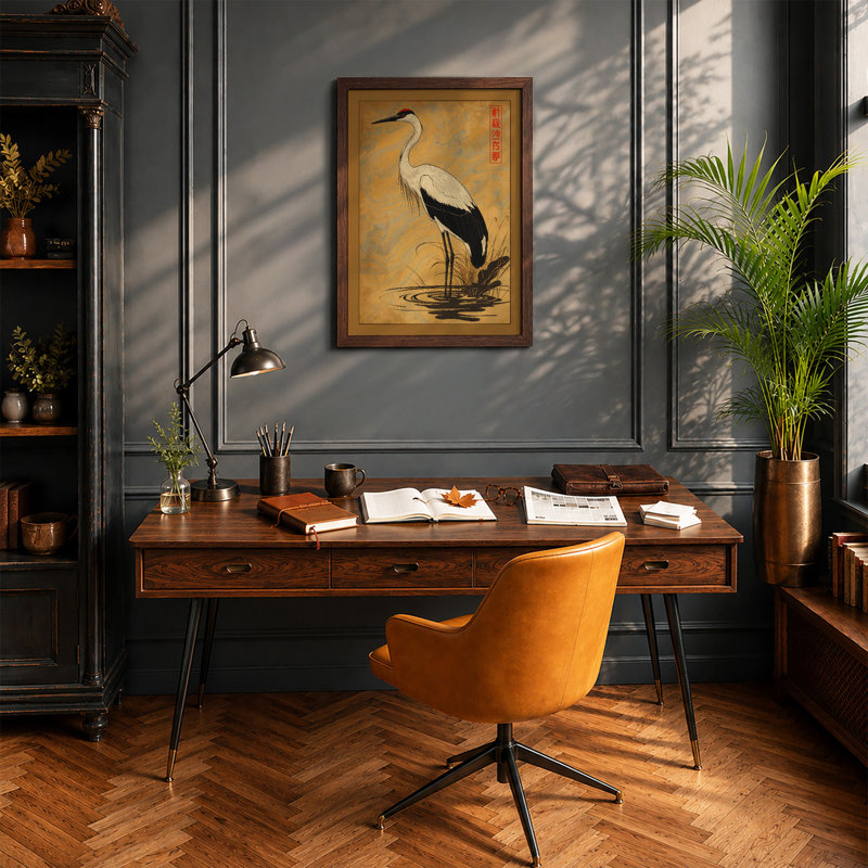 Crane In Still Water Japandi - Print, Walnut, A1 - 84.1 x 59.4 cm