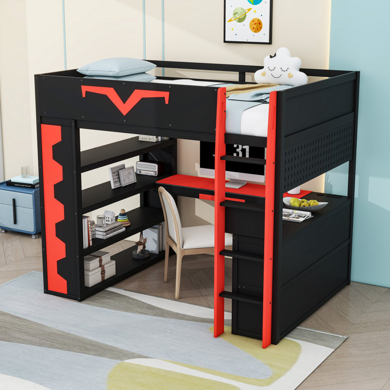 Lit mezzanine double en bois avec bureau intégré, tablettes et tiroir, Noir / Rouge