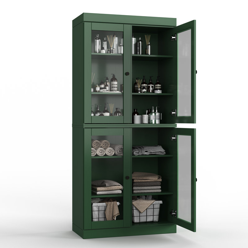 32" 100% Solid Wood Freestanding Bathroom Cabinet with Clear Glass Doors & Adjustable Shelves – Modern Bathroom Storage