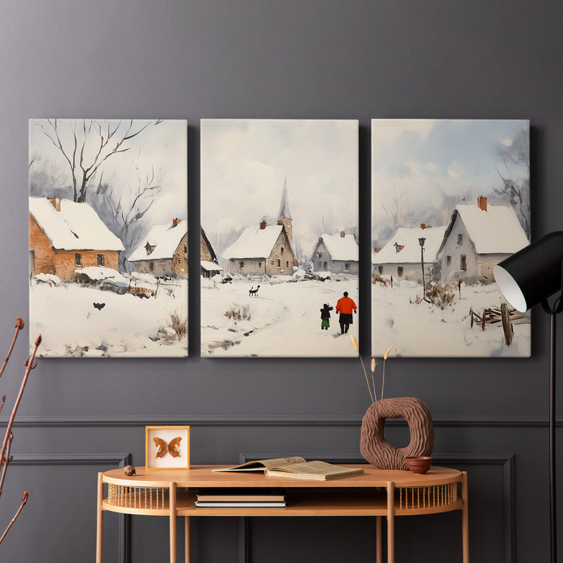 Village de Noël enneigé avec sapin décoré - Triptyque en trois parties, aquarelle - 40 x 60 cm par panneau, prêt à accrocher - Série Noël XV