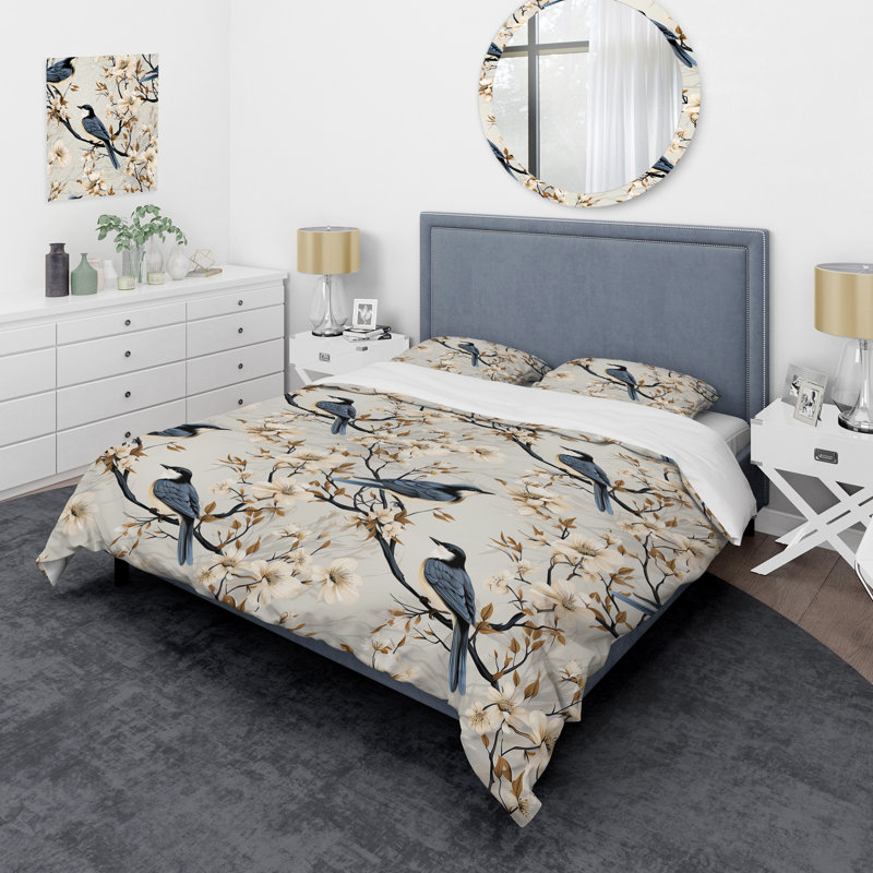 Ensemble de housse de couette Minimalist Birds On Branch, Housse de couette pour grand lit et 2 taies décor