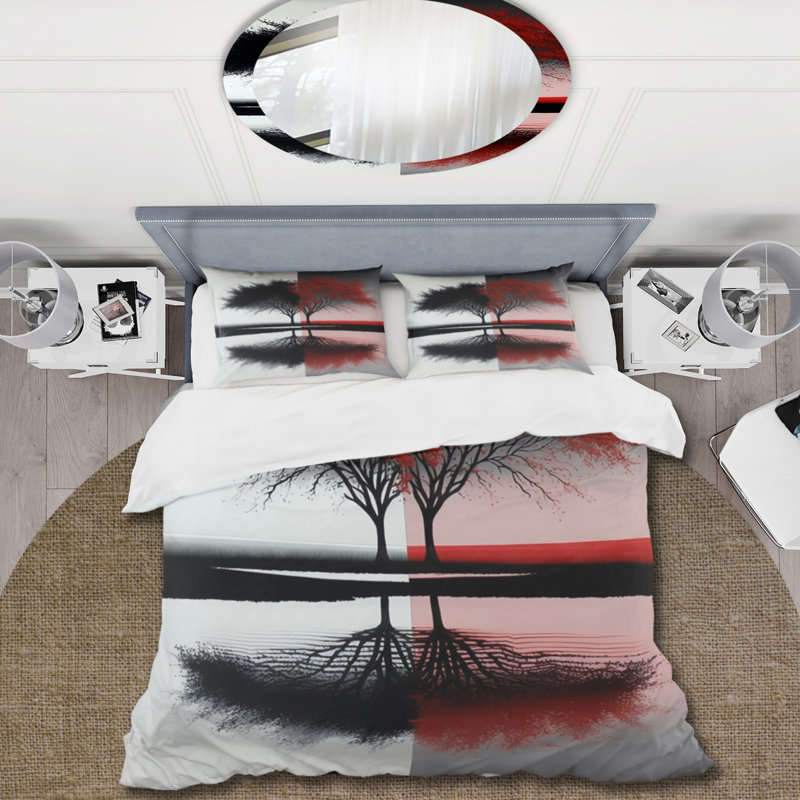 Ensemble de housse de couette Red and Black Abstract Trees By The Lake Bedding