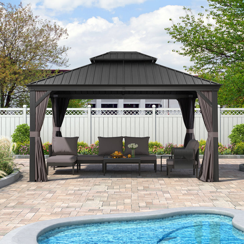 12' x 14' Gray Aluminum and Steel Hardtop Gazebo with Curtains