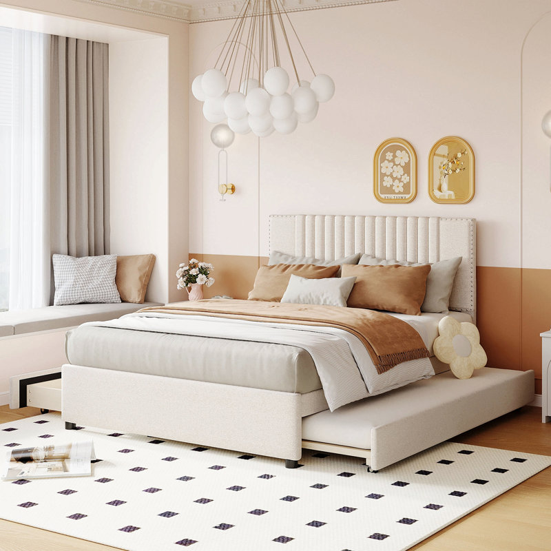 Lit plateforme tapissier avec 2 tiroirs et 1 lit gigogne simple Christiano, Beige