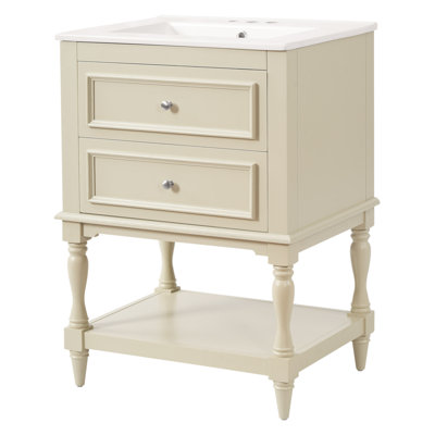 24'' Bathroom Vanity With Ceramic Sink, Bathroom Storage Cabinet With Open Shelf , Retro Design Bathroom Cabinet With 2 Drawers