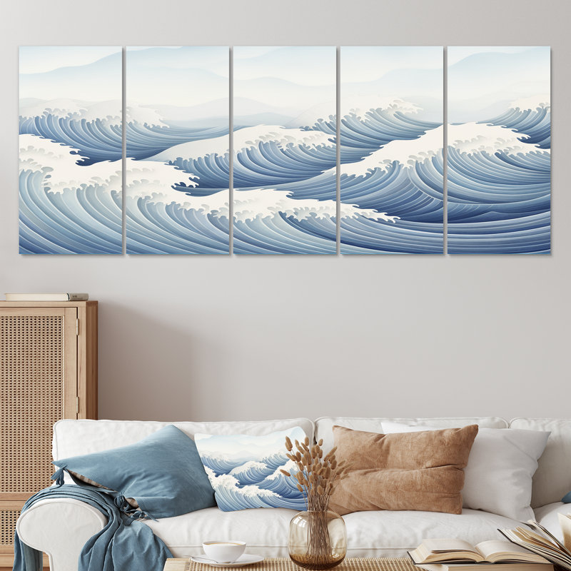 Harmonious Blue Waves Tides - Art géométrique abstrait 5 pièces, H 28 po x l 60 po