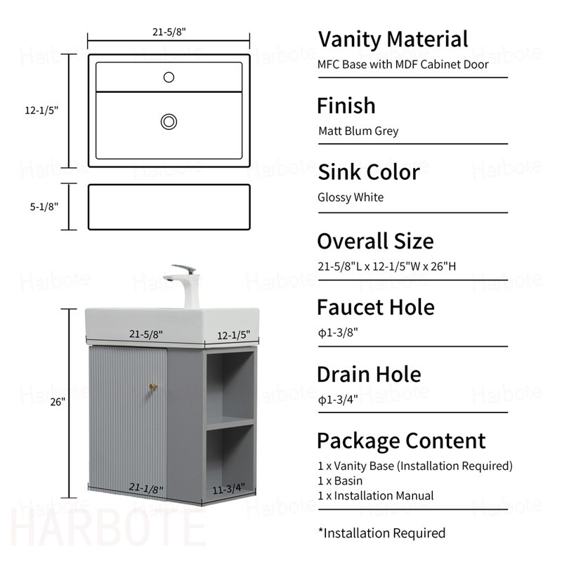Meuble-lavabo mural avec lavabo en céramique, porte à fermeture en douceur, tablette de rangement flottante à droite, assemblage requis