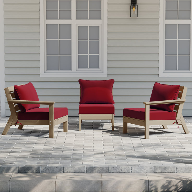 3-Piece Deep Seating Set With Cushions, Light Brown, Red
