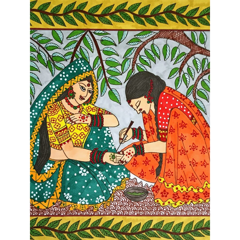 Dame appliquant des marqueurs d'alcool et des fineliners de Mehendi, peinture sur papier par Ruchi - art mural henné populaire Madhubani pour décoration de chambre Boho