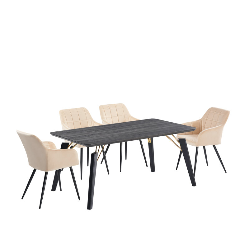 Yerres 4 Person Dining set - a Rectangular Wooden Dining Table with Metal Legs and a Set of 4 Quilted Velvet Dining Chairs for Dining Room - Modern Dining Table Set