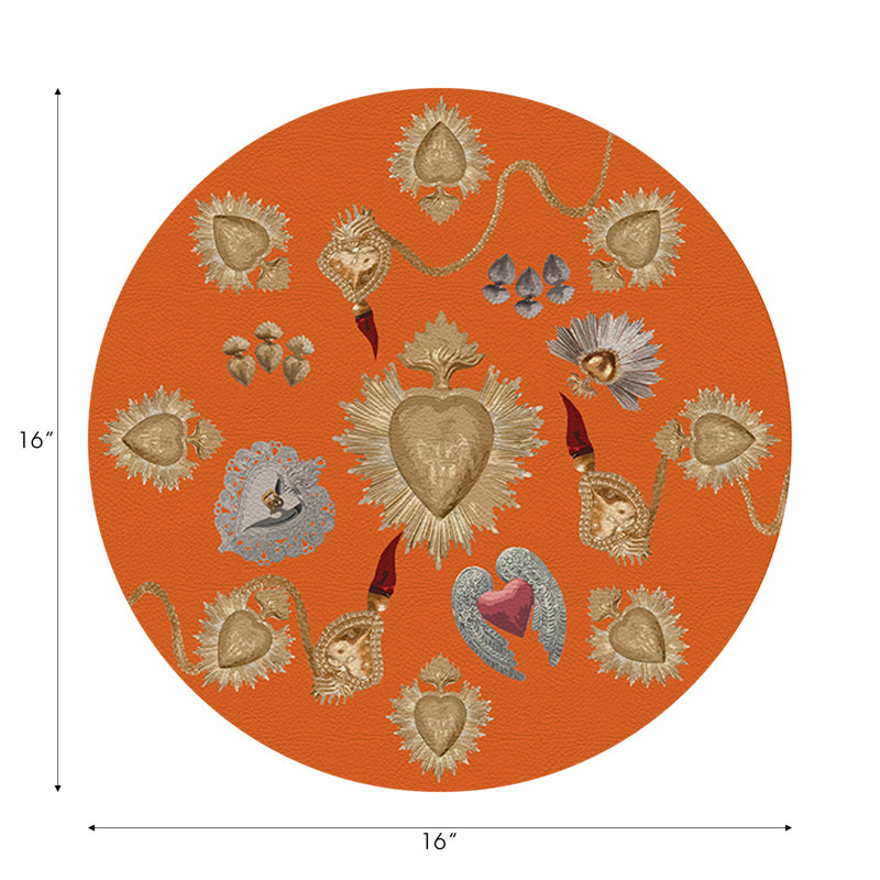 Ex Vote Sacred Hearts Vegan Leather Round Pebble Placemat, Orange