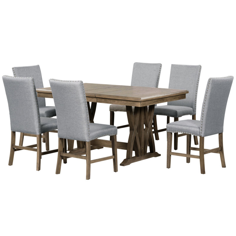 Mid-Century Solid Wood Extendable Dining Table Set with 6 Upholstered Chairs