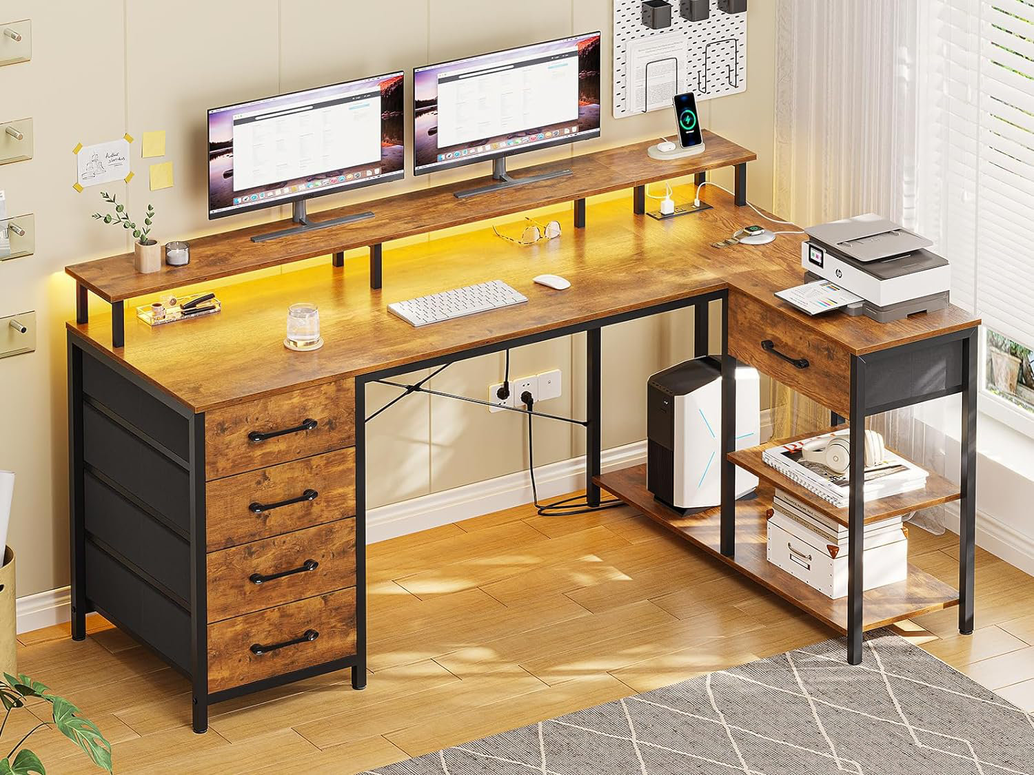 17 Stories L Shaped Desk With 5 Drawers, L Shaped Gaming Desk With Led ...