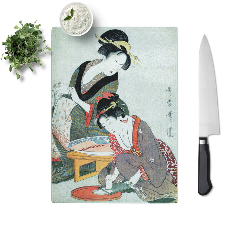 Tempered Glass Women Preparing Sashimi by Kitagawa Utamaro Chopping Board, 28.5cm W x 39cm L