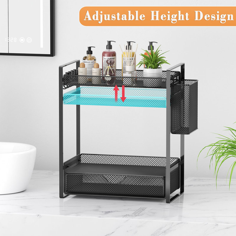 2-Tier Metal Mesh Bathroom Organizer with Drawer, Countertop Storage Shelf with Basket Hooks for Bathroom Sink Vanity and Kitchen Spice Organization