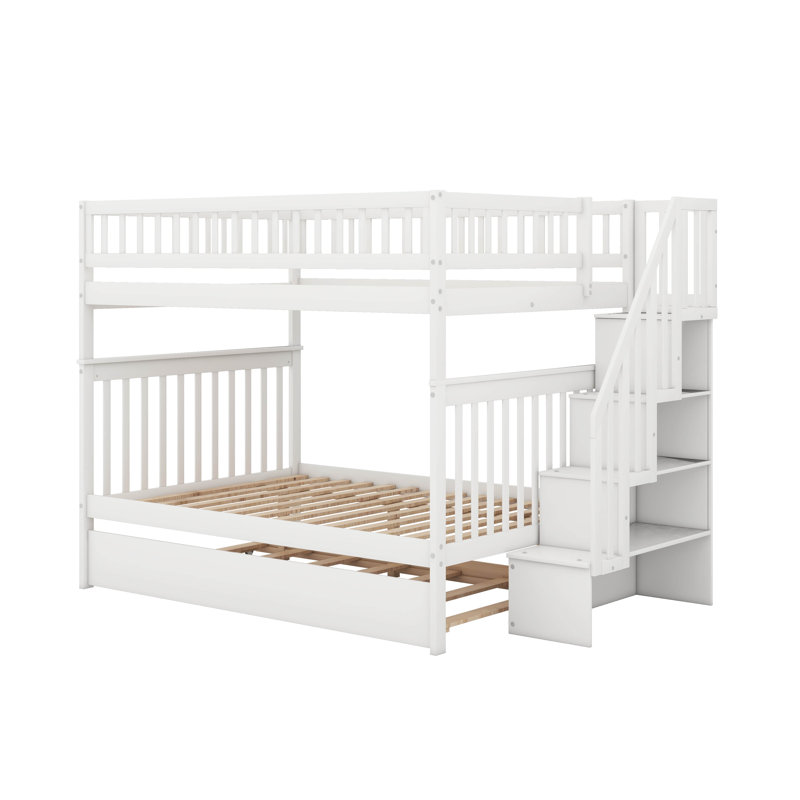 Lit superposé double au dessus d'un lit double avec escalier et lit gigogne, Double sur double, Blanc