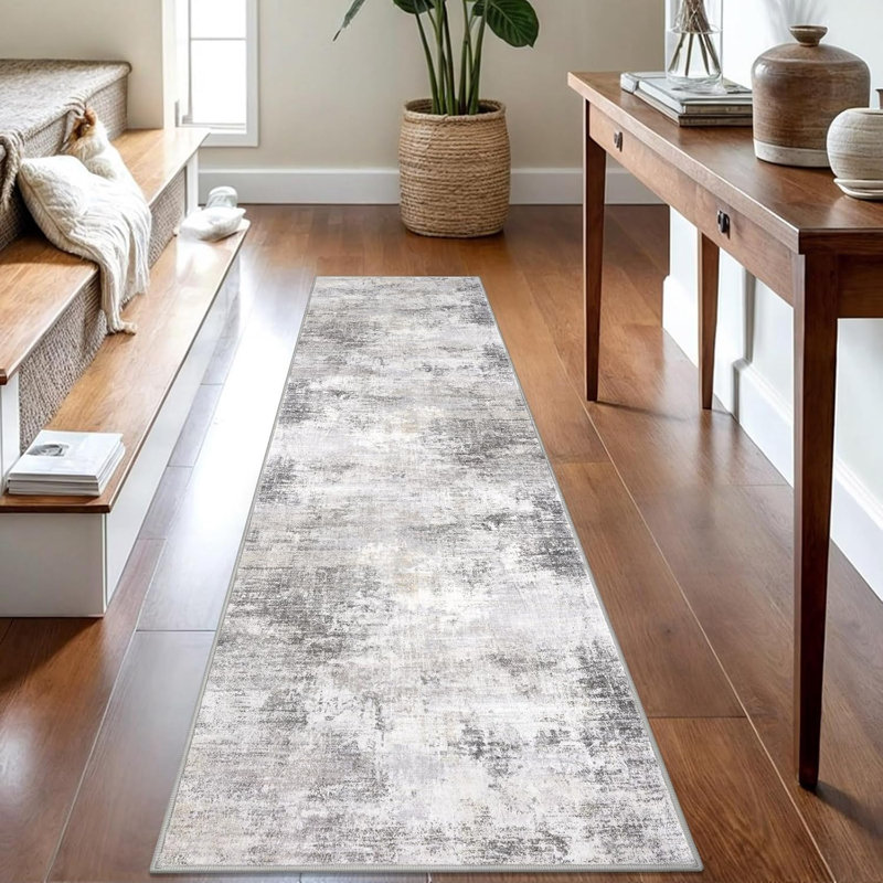 Abstract Kitchen Runner Rug Washable, 2' x 8' (Runner), Ash Grey/Beige