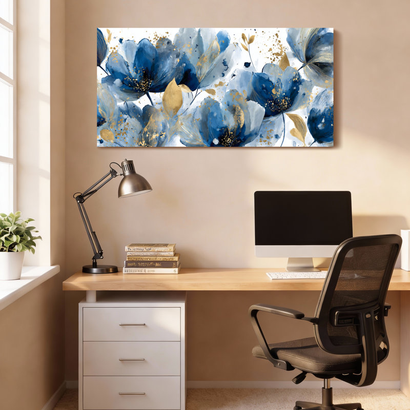 «Blue and Gold Floral», ensemble de 1 reproduction d'art sur toile tendue, H 20 po x l 40 po